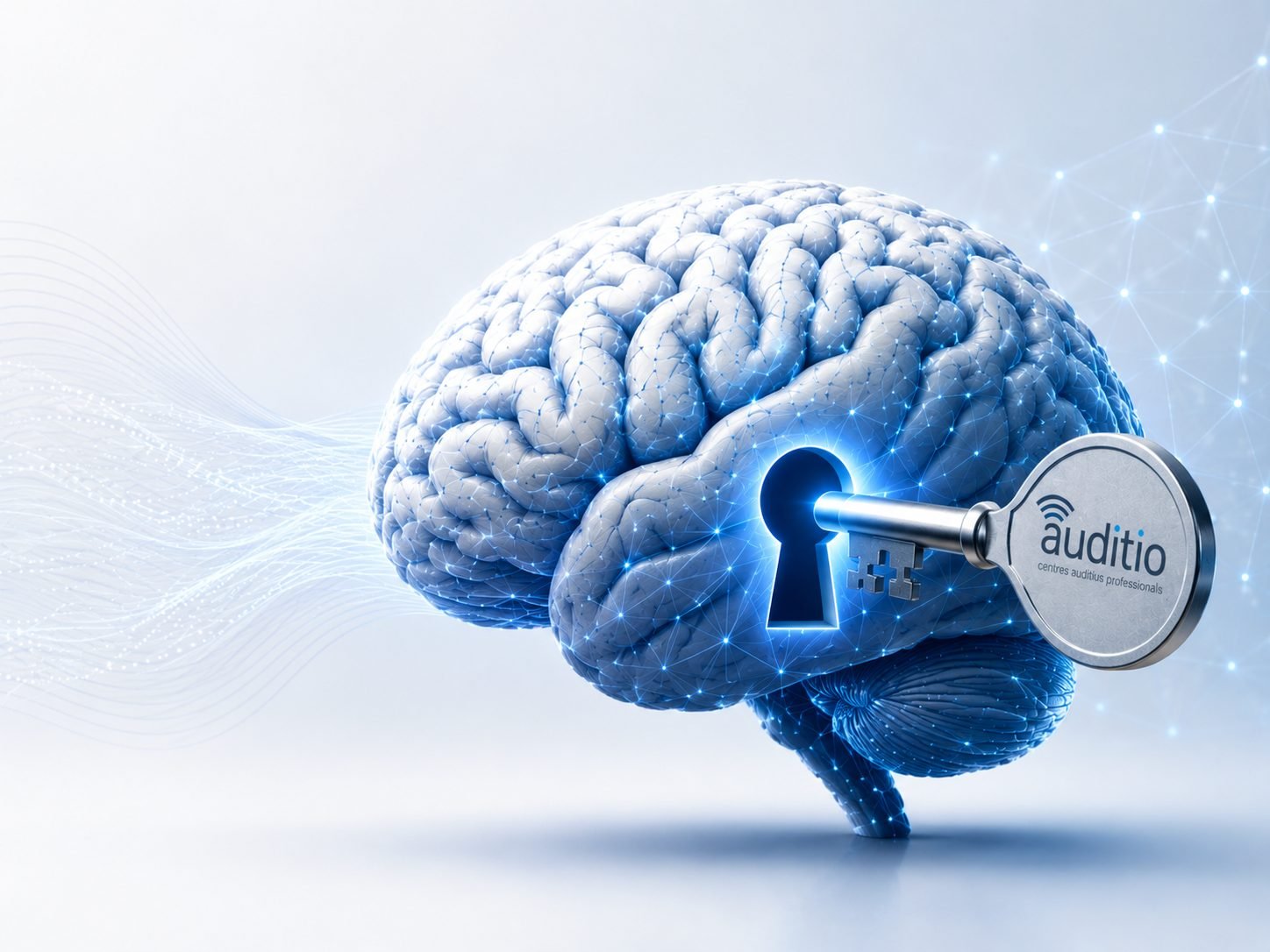 Cerebro con una cerradura y una llave con el logo de Auditio entrando en ella